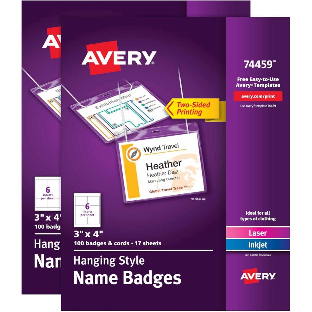 imageAvery Customizable Name Badges Includes Cords 3quot x 4quot LaserInkjet Printable Inserts 100 Name Tag Holders per Pack 500 Total 5 Packs of 74459200