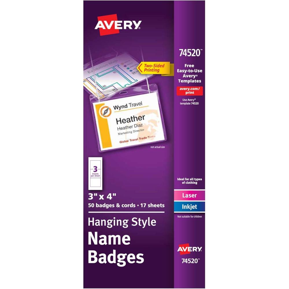 imageAvery Customizable Name Badges Includes Cords 3quot x 4quot LaserInkjet Printable Inserts 100 Name Tag Holders per Pack 500 Total 5 Packs of 7445950