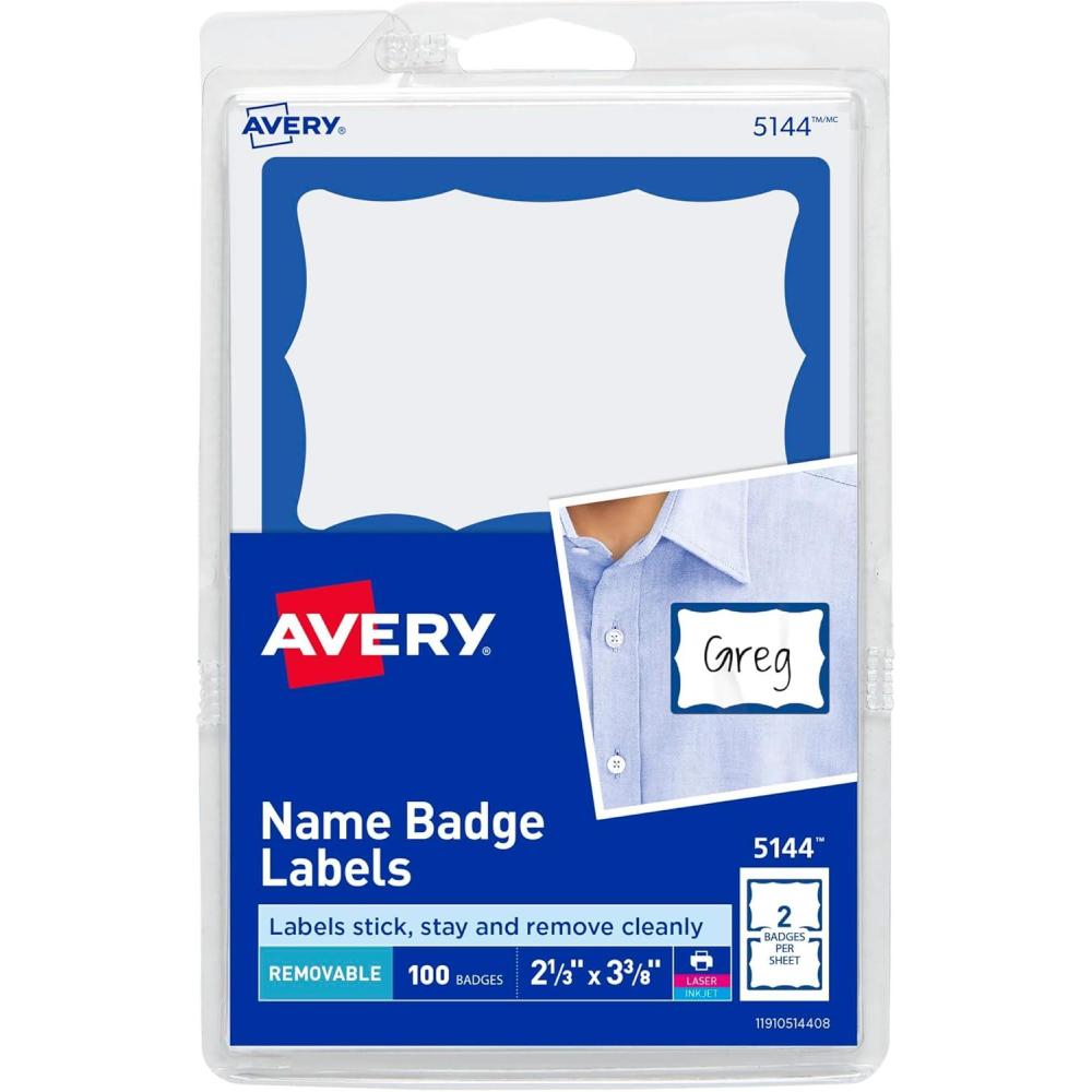 imageAvery Customizable Name Tags 213quot x 338quot White with Blue Border 6 Packs of 100 600 Removable Name Badges Total 44144Blue Border