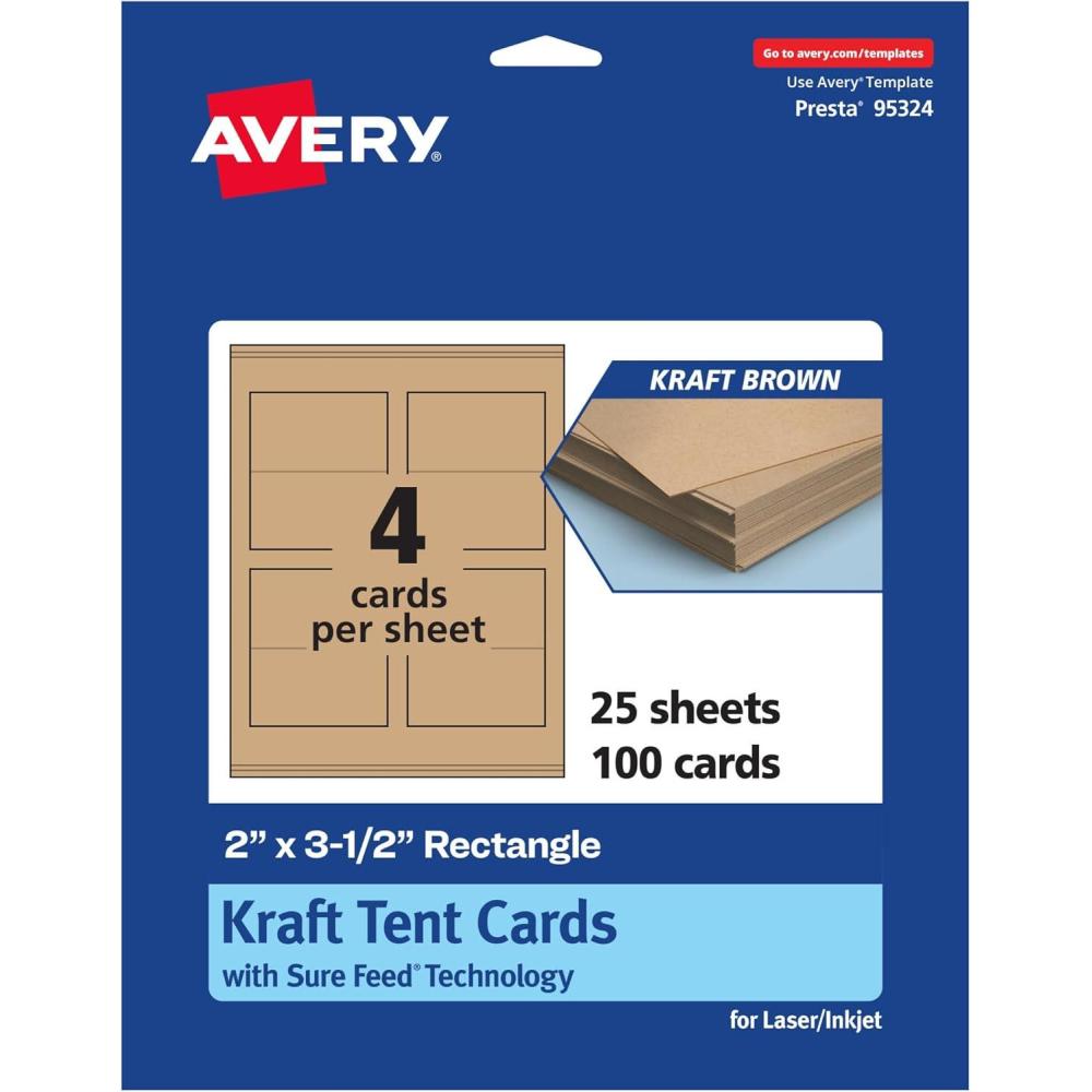 imageAvery Printable Rectangle Tent Cards Sure Feed Technology 2quot x 35quot Kraft Brown Cardstock PrintToTheEdge LaserInkjet Printable 100 Total Great for Table Talkers Promotional Signs and More100 cards