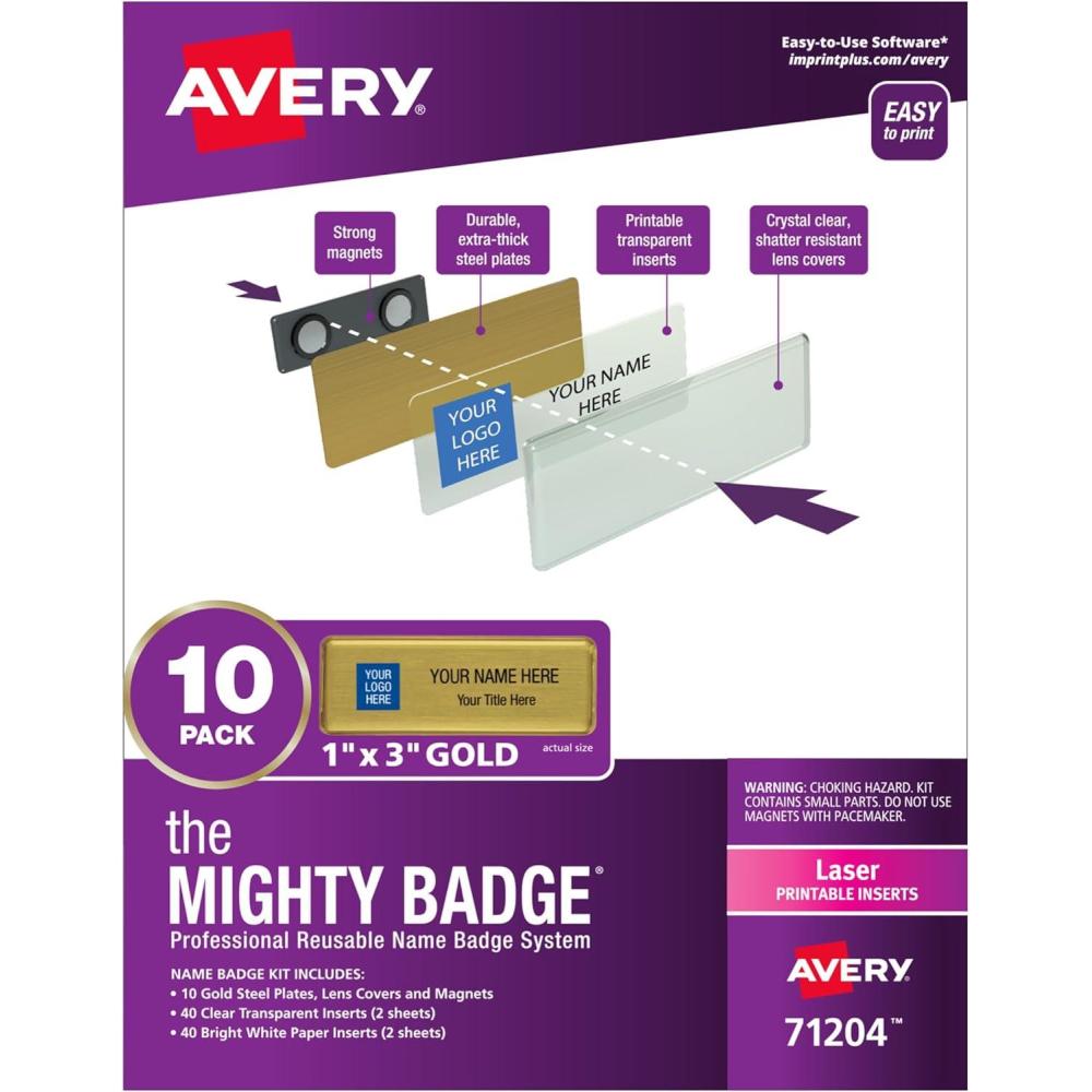 imageThe Mighty Badge by Avery 1quot x 3quot Gold Name Tags 10 ID Badges 80 Inserts for Laser Printers 7120410 badges