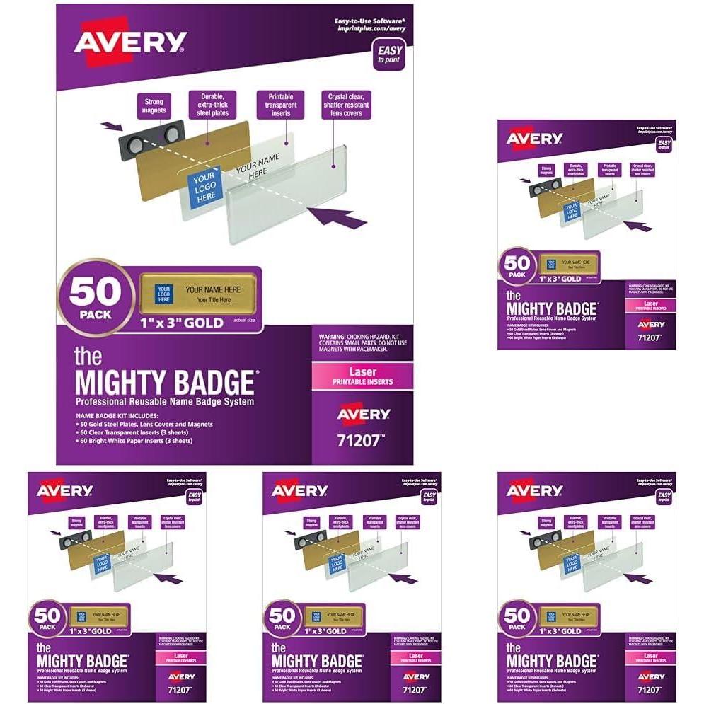 imageThe Mighty Badge by Avery 1quot x 3quot Gold Name Tags 10 ID Badges 80 Inserts for Laser Printers 7120450 badges Pack of 5