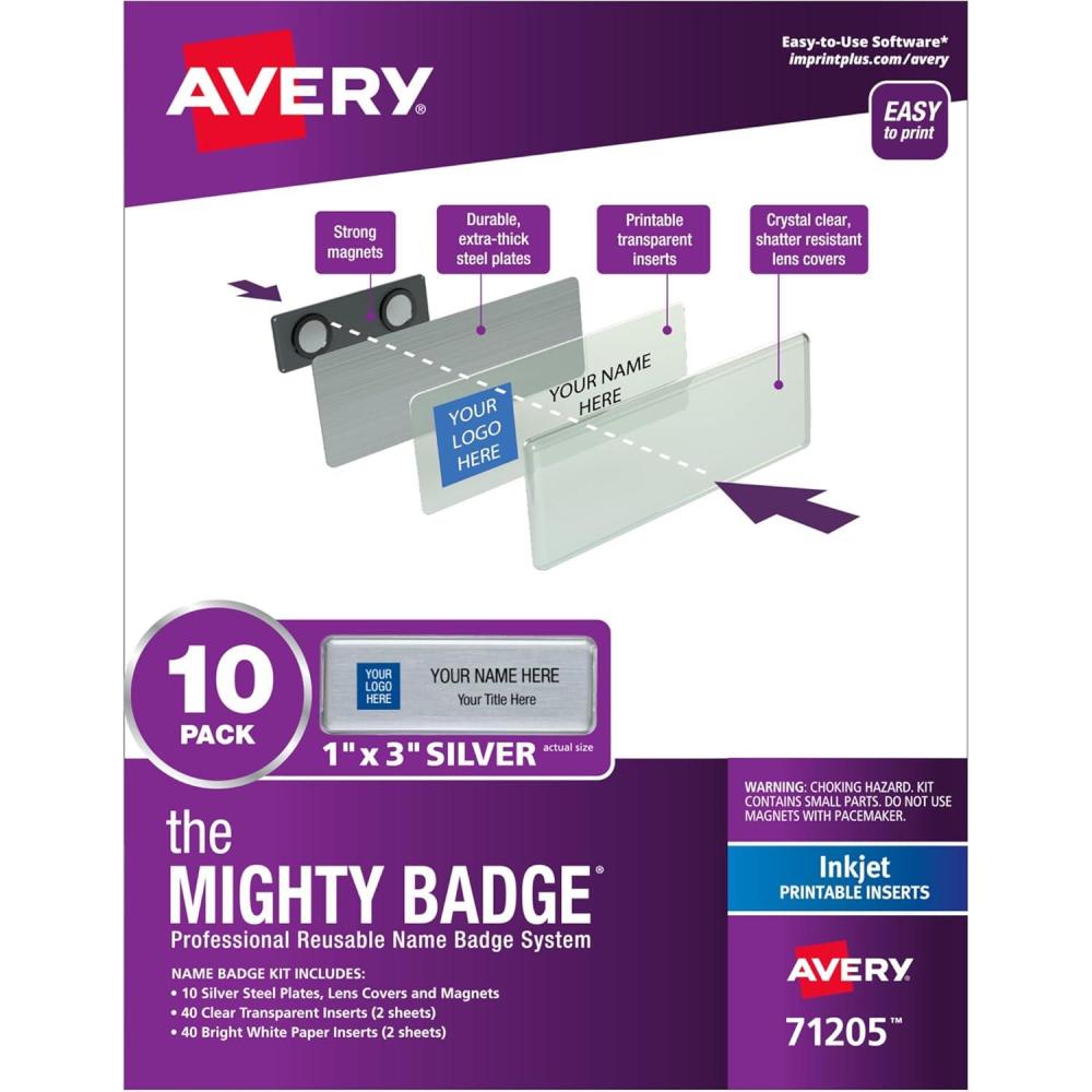 imageThe Mighty Badge by Avery 1quot x 3quot Silver Name Tags 4 ID Badges 32 Inserts for Inkjet Printers 7120110 Badges