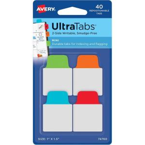imageAVERY Mini Ultra Tabs 1quot x 15quot 2Side Writable Assorted Primary Colors 40 Repositionable Tabs 74760