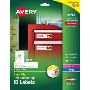 imageAvery 00756 Easy Align SelfLaminating ID Labels LaserInkjet 2 1516 x 3 516 White Pack of 1001132 x 312