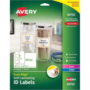 imageAvery 00756 Easy Align SelfLaminating ID Labels LaserInkjet 2 1516 x 3 516 White Pack of 1002516 x 3516