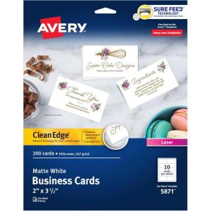 imageAvery Clean Edge Printable Business Cards with Sure Feed Technology 2quot x 35quot White 200 Blank Cards for Laser Printers 5871Clean Edge