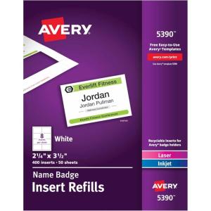 imageAvery Customizable Name Badge Inserts 225quot x 35quot White 400 Printable Name Tag Inserts 5390White