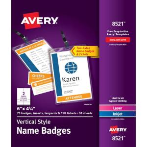 imageAvery Customizable Name Badges 6quot x 425quot LaserInkjet Printable Inserts Including Tickets 25 Vertical Name Tag Holders Includes Lanyards 852075