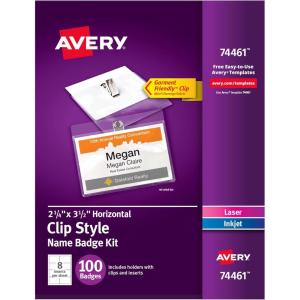 imageAvery Customizable Name Badges Clip Style 225quot x 35quot Clear Name Tag Holders White LaserInkjet Printable Inserts 100 Total 744615 Packs