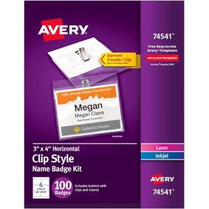 imageAvery Customizable Name Badges Clip Style 3quot x 4quot Clear Name Tag Holders White LaserInkjet Printable Inserts 100 Total 745413 x 4