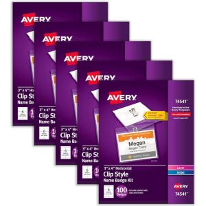 imageAvery Customizable Name Badges Clip Style 3quot x 4quot Clear Name Tag Holders White LaserInkjet Printable Inserts 100 Total 745413 x 4 Pack of 5