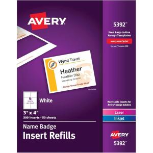 imageAvery Customizable Name Badges Clip Style 3quot x 4quot Clear Name Tag Holders White LaserInkjet Printable Inserts 50 Total 745361500