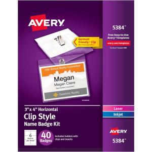 imageAvery Customizable Name Badges Clip Style 3quot x 4quot Clear Name Tag Holders White LaserInkjet Printable Inserts 50 Total 7453640