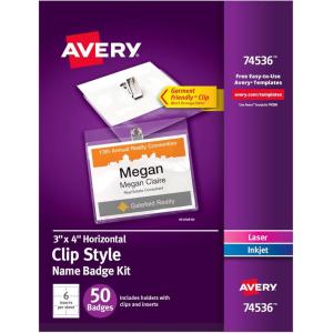 imageAvery Customizable Name Badges Clip Style 3quot x 4quot Clear Name Tag Holders White LaserInkjet Printable Inserts 50 Total 7453650