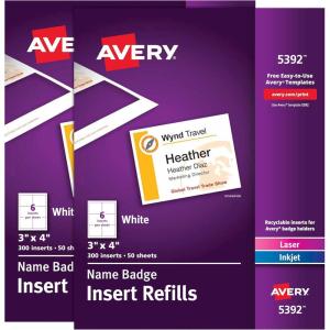 imageAvery Customizable Name Badges Clip Style 3quot x 4quot Clear Name Tag Holders White LaserInkjet Printable Inserts 50 Total 74536600