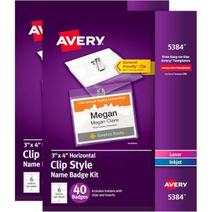 imageAvery Customizable Name Badges Clip Style 3quot x 4quot Clear Name Tag Holders White LaserInkjet Printable Inserts 50 Total 7453680