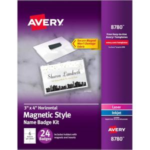 imageAvery Customizable Name Badges Magnet Style 3quot x 4quot Clear Name Tag Holders White LaserInkjet Printable Inserts 24 Total 8780White