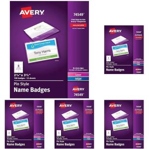 imageAvery Customizable Name Badges Pin Style 225quot x 35quot Clear Name Tag Holders White LaserInkjet Printable Inserts 100 Total 74549100 Pack of 5