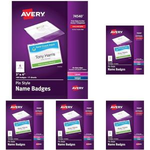 imageAvery Customizable Name Badges Pin Style 3quot x 4quot Clear Name Tag Holders White LaserInkjet Printable Inserts 100 Total 74540100 Pack of 5