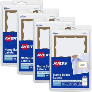 imageAvery Customizable Name Tags 213quot x 338quot White with Blue Border 6 Packs of 100 600 Removable Name Badges Total 44144Gold