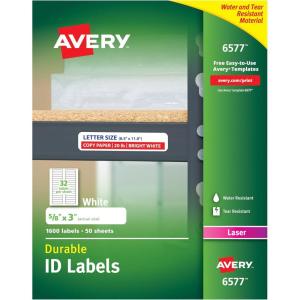 imageAvery Durable White Cover Up ID Labels for Laser Printers 0625quot x 3quot Pack of 1600 657758 x 3