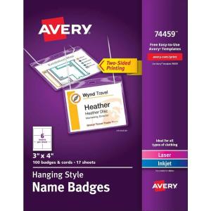 imageAvery Hanging Style LaserInkjet Name Badge Kit 3quot x 4quot Clear Holders with White Inserts 100Box 74459