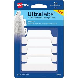 imageAvery Margin Ultra Tabs 25quot x 1quot 2Side Writable White 24 Repositionable Page Tabs 7478924 Count Pack of 1
