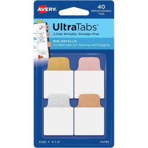 imageAvery Mini Ultra Tabs 1quot x 15quot 2Side Writable Assorted Metallic Colors 40 Repositionable Tabs 74785