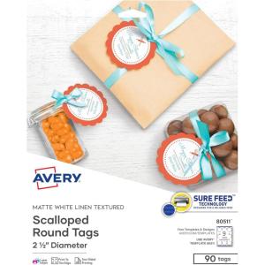 imageAvery Printable Blank Scallop Round Gift Tags with Sure Feed 25quot Diameter Textured White 90 Customizable Tags 8051190 Tags