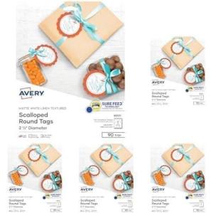 imageAvery Printable Blank Scallop Round Gift Tags with Sure Feed 25quot Diameter Textured White 90 Customizable Tags 8051190 Tags Pack of 5