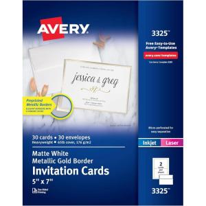 imageAvery Printable Greeting Cards HalfFold 55quot x 85quot Textured White 30 Blank Cards with Envelopes 3378Metallic Gold Border
