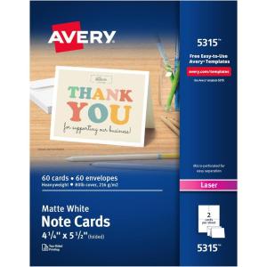imageAvery Printable Note Cards with Envelopes 425quot x 55quot White 60 Blank Note Cards for Laser Printers 05315414 x 512 Inches
