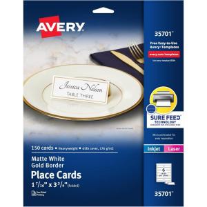 imageAvery Printable Place Cards with Sure Feed Technology 1716quot x 334quot Textured Ivory 150 Blank Tent Cards for Laser or Inkjet Printers 5012Gold Border