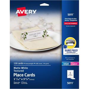 imageAvery Printable Place Cards with Sure Feed Technology 1716quot x 334quot Textured Ivory 150 Blank Tent Cards for Laser or Inkjet Printers 5012Textured Matte White