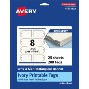 imageAvery Printable Rectangle Banner Tags Sure Feed Technology 2quot x 312quot Matte Ivory Cardstock PrintToTheEdge LaserInkjet Printable 80 Total Great for Custom Gift or Branding Tags200 cards