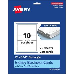 imageAvery Printable Rectangle Business Cards Sure Feed Technology 2quot x 312quot Glossy White Cardstock PrintToTheEdge LaserInkjet Printable 100 Total250 cards