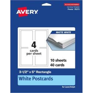 imageAvery Printable Rectangle Cards 35quot x 5quot Matte White Cardstock PrinttotheEdge LaserInkjet Cards 200 Total40 cards