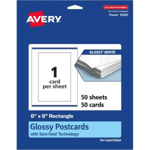 imageAvery Printable Rectangle Postcards Sure Feed Technology 6quot x 9quot Glossy White Cardstock PrintToTheEdge LaserInkjet Cards 50 Total50 cards