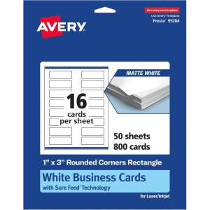 imageAvery Printable Rectangle Rounded Corner Mini Business Cards Sure Feed Technology 1quot x 3quot Matte White Cardstock PrintToTheEdge LaserInkjet Printable 400 Total800 cards