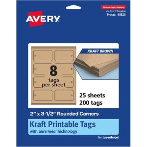 imageAvery Printable Rectangle Rounded Corner Tags Sure Feed Technology 2quot x 312quot Kraft Brown Cardstock PrintToTheEdge LaserInkjet Printable 80 Total Great for Custom Gift or Branding Tags200 cards