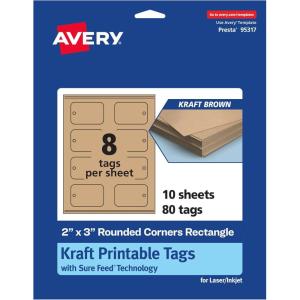 imageAvery Printable Rectangle Rounded Corner Tags Sure Feed Technology 2quot x 3quot Kraft Brown Cardstock PrintToTheEdge LaserInkjet Printable 80 Total Great for Custom Gift or Branding Tags80 cards