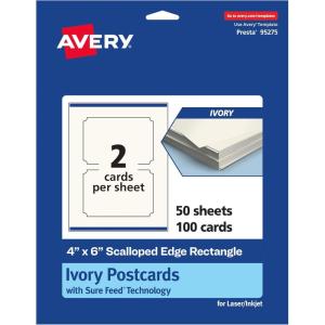 imageAvery Printable Rectangle Scalloped Postcards Sure Feed Technology 4quot x 6quot Ivory Cardstock PrintToTheEdge LaserInkjet Cards 100 Total100 cards