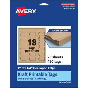 imageAvery Printable Rectangle Scalloped Tags Sure Feed Technology 2quot x 114quot Kraft Brown Cardstock PrintToTheEdge LaserInkjet Printable 180 Total Great for Custom Gift or Branding Tags450 cards