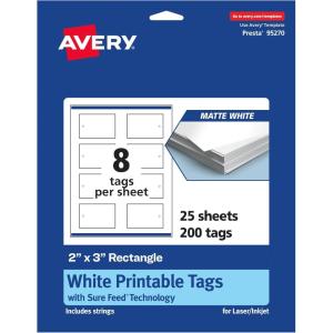 imageAvery Printable Rectangle Tags Strings Sure Feed Technology 2quot x 3quot Matte White Cardstock PrinttotheEdge LaserInkjet Tags 200 Total200 tags