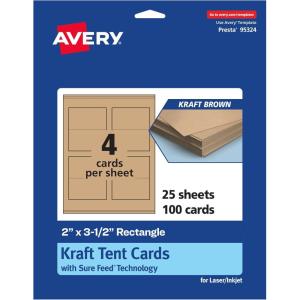 imageAvery Printable Rectangle Tent Cards Sure Feed Technology 2quot x 35quot Kraft Brown Cardstock PrintToTheEdge LaserInkjet Printable 100 Total Great for Table Talkers Promotional Signs and More100 cards