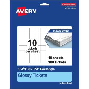 imageAvery Printable Rectangle Tickets 134quot x 512quot Glossy White Cardstock LaserInkjet Printable 500 Total100 cards