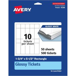 imageAvery Printable Rectangle Tickets 134quot x 512quot Glossy White Cardstock LaserInkjet Printable 500 Total500 cards