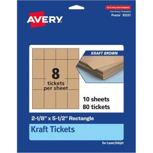 imageAvery Printable Rectangle Tickets 218quot x 512quot Kraft Brown Cardstock LaserInkjet Printable 400 Total80 cards