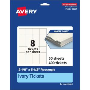 imageAvery Printable Rectangle Tickets 218quot x 512quot Matte Ivory Cardstock LaserInkjet Printable 200 Total400 cards